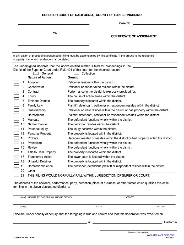  County of San Bernardino Certificate of Assignment  Form 1994