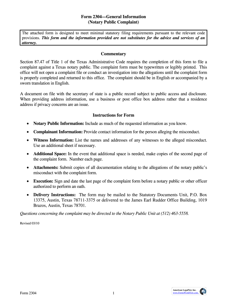  Texas Secretary of State 2304  Form 2010