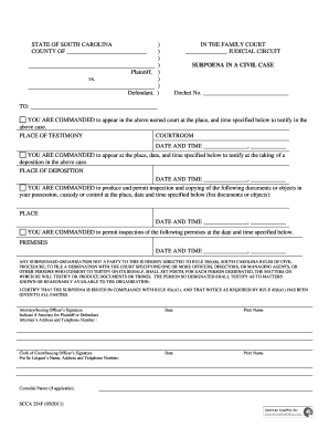 Richland Circuit Court for South Carolina Subpoena in a Civil Case Form Scca 254