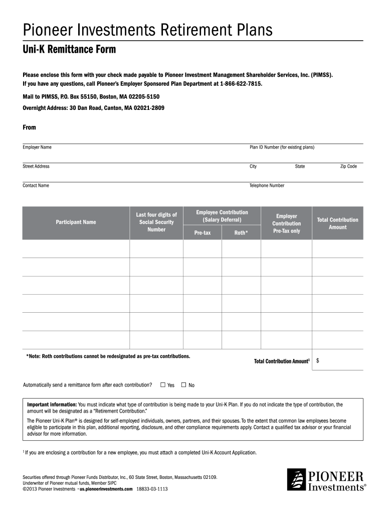 Pioneer Uni K Remittance Form