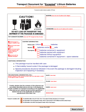 Transport Document for Excepted Lithium Batteries TNT  Form