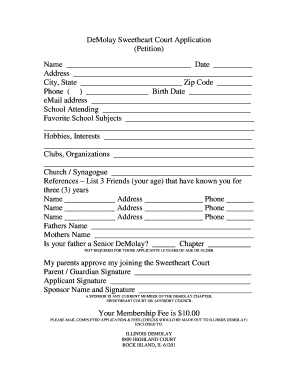 DeMolay Sweetheart Court Application Petition Name Date Webs  Form