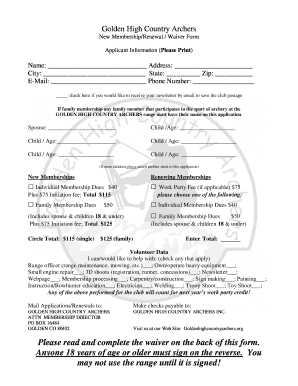 Golden High Country Archers Renewal Form