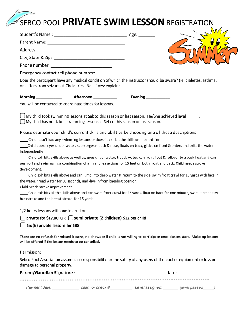 Swim Lesson Registration Form Template