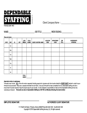 Dependable Dental Staffing Timesheet  Form