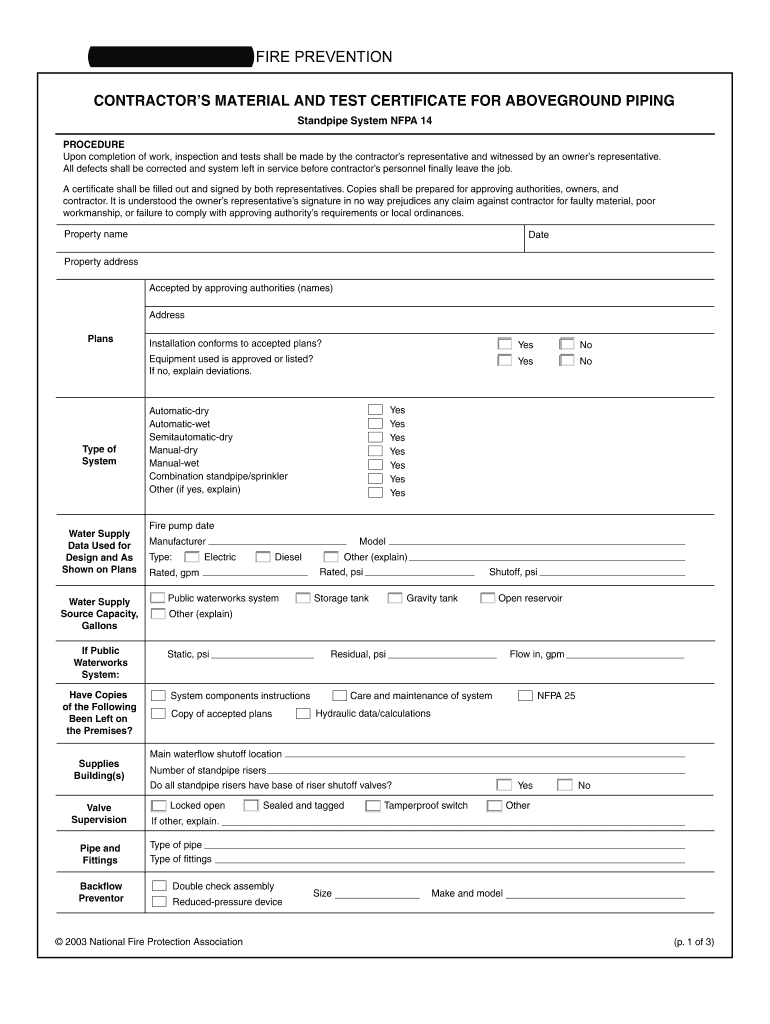 Nfpa above Ground Test Certificate  Form