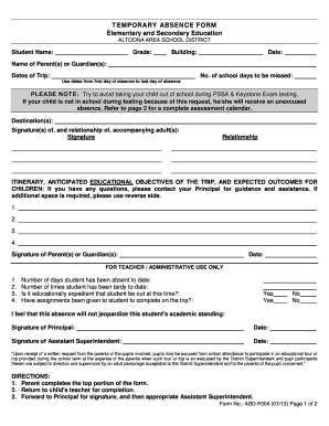 Temporary Absence Form Altoona Area School District