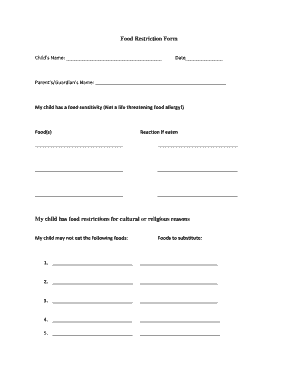 Food Restriction Form My Child Has Food Restrictions for Cultural or