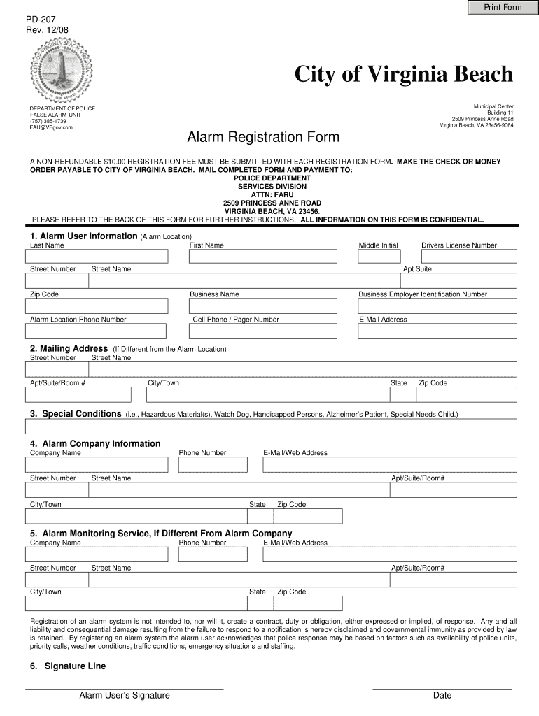 Virginia Beach Alarm Registration Form 2008