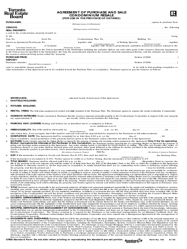 Agreement of Purchase and Sale Condominium Resale Form 101