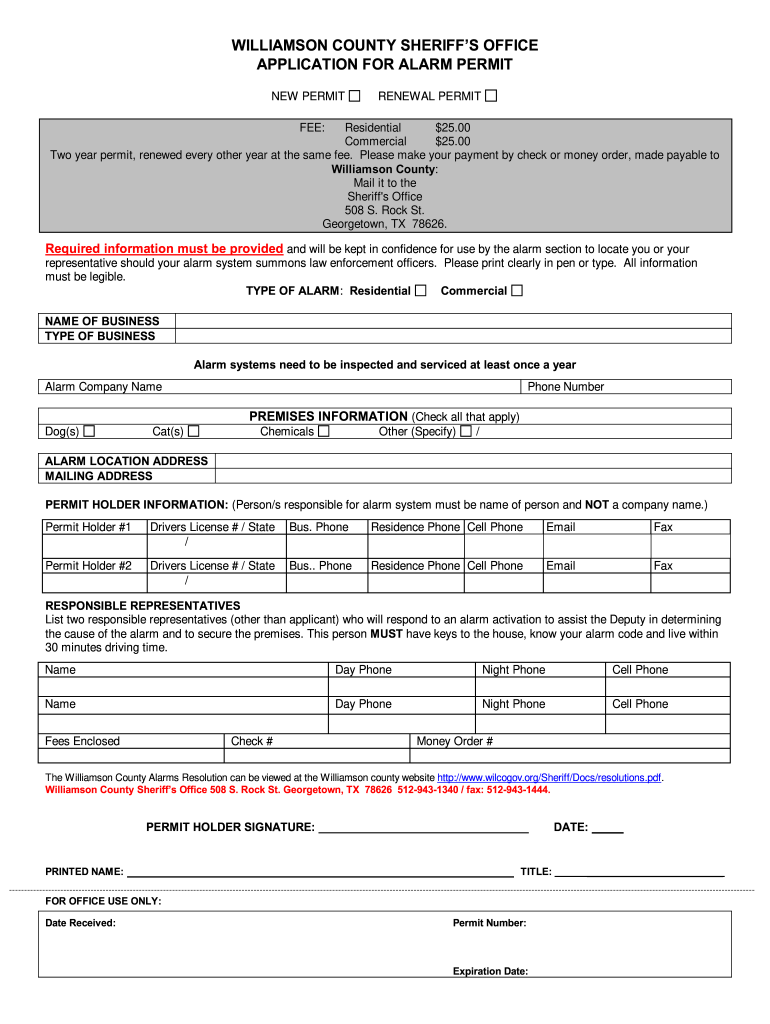 Williamson County Alarm Permit  Form