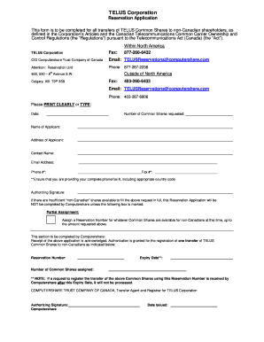 TELUS Reservation Application Form for Common Shares PDF