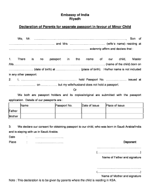 Declaration Letter that the Child Does Not Hold the Passport of Any Other Country  Form