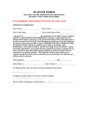 Baseball Camp Waiver Form