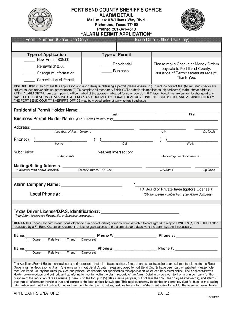  Ft Bend Co Alarm Permit Form 2012