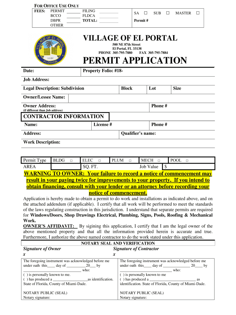 Village of El Portal Permit Application  Form