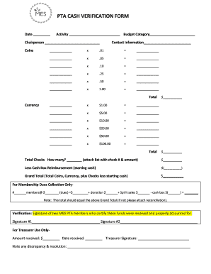 Cash Verification Sheet  Form