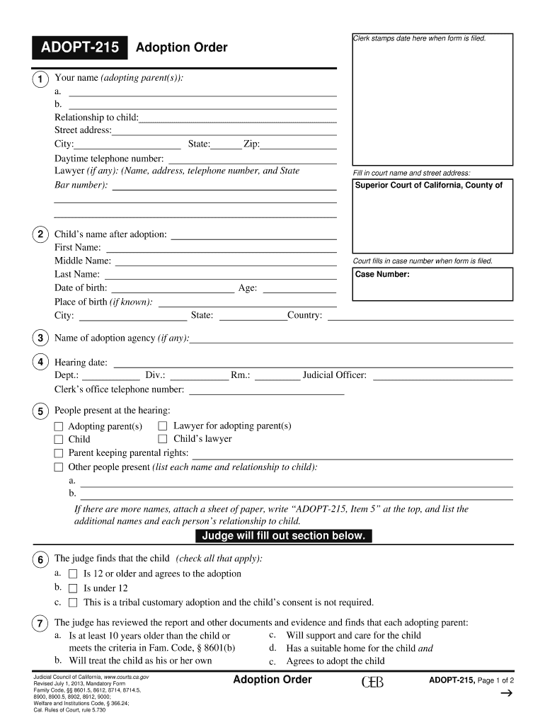  ADOPT 215 Adoption Order Fillable Editable and Saveable California Judicial Council Forms 2013