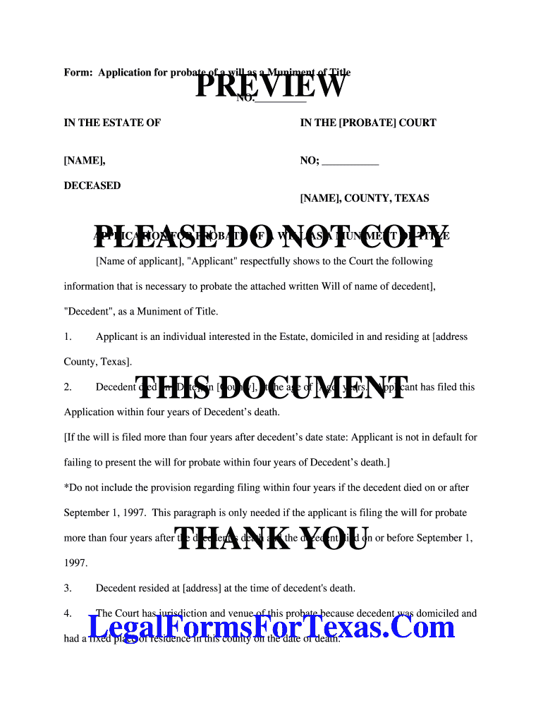 Application for Probate of Will as Muniment of Title  Form