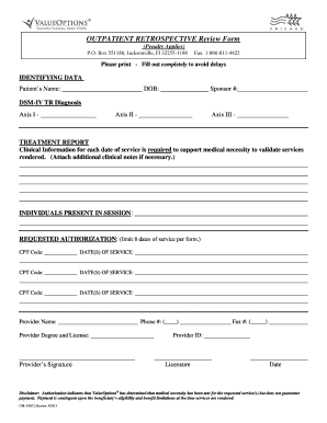  Tricare Retro Outpatient Treatment Report  Form 2013