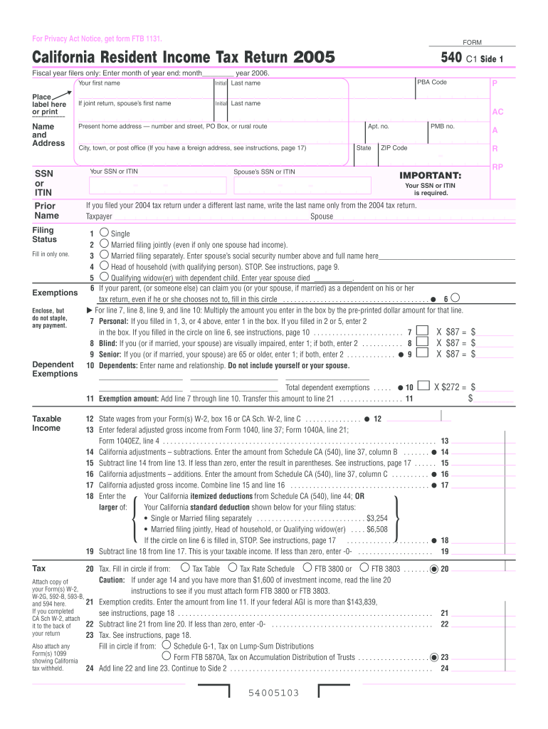  California Resident Income Tax Return Form 540 2019