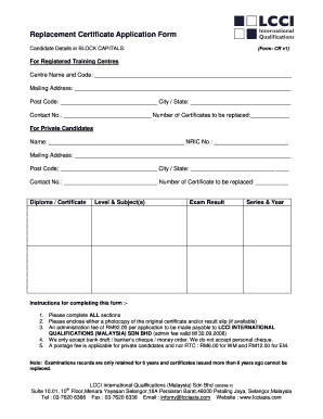 Lcci Certificate Replacement  Form