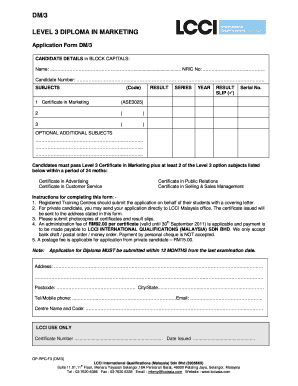 Lcci Diploma in Marketing  Form