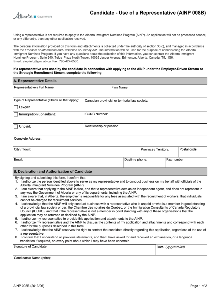  Application for a Semi Skilled Worker AINP 001  Alberta, 2013