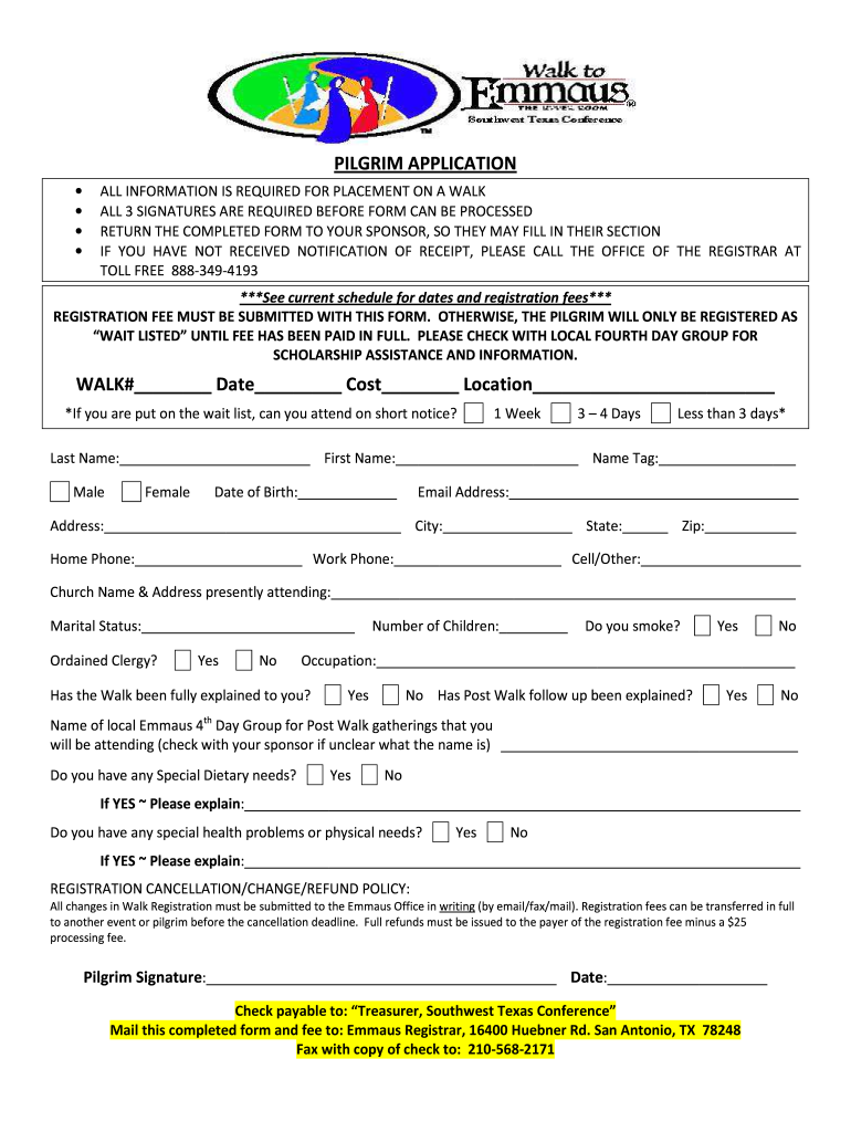 Concho Contry Emmaus Pilgram Application Form