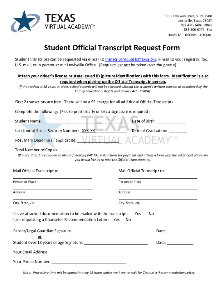Texas Virtual Academy Transcript Request  Form
