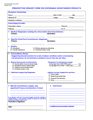  Prescription Request Form for Disposable Incontinence Products 2009