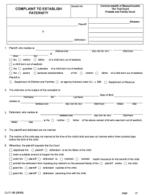 COMPLAINT to ESTABLISH PATERNITY Mass Gov  Form