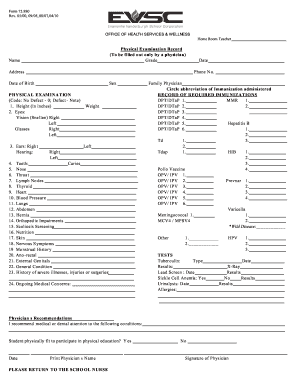 Student Physical Examination Form EVSC Home