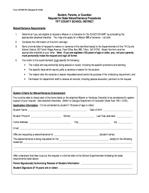 Student, Parents, or Guardian Request for State WaiverVariance  Form