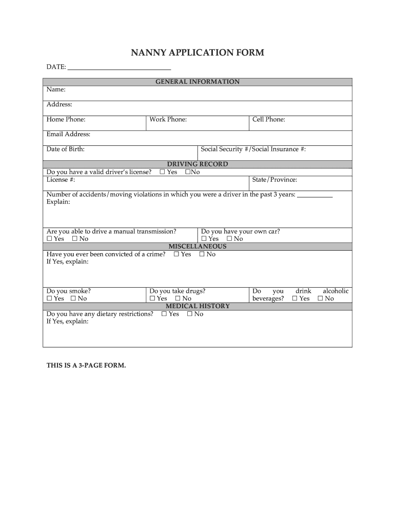 Nanny Application Form Template