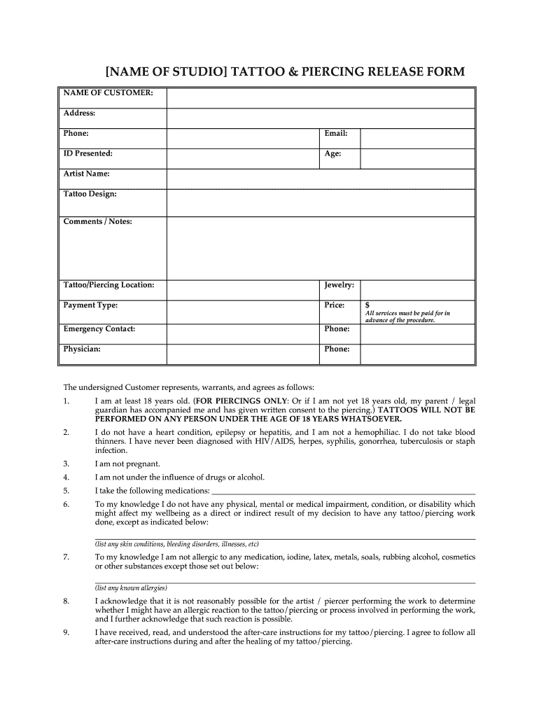 Piercing Release Form