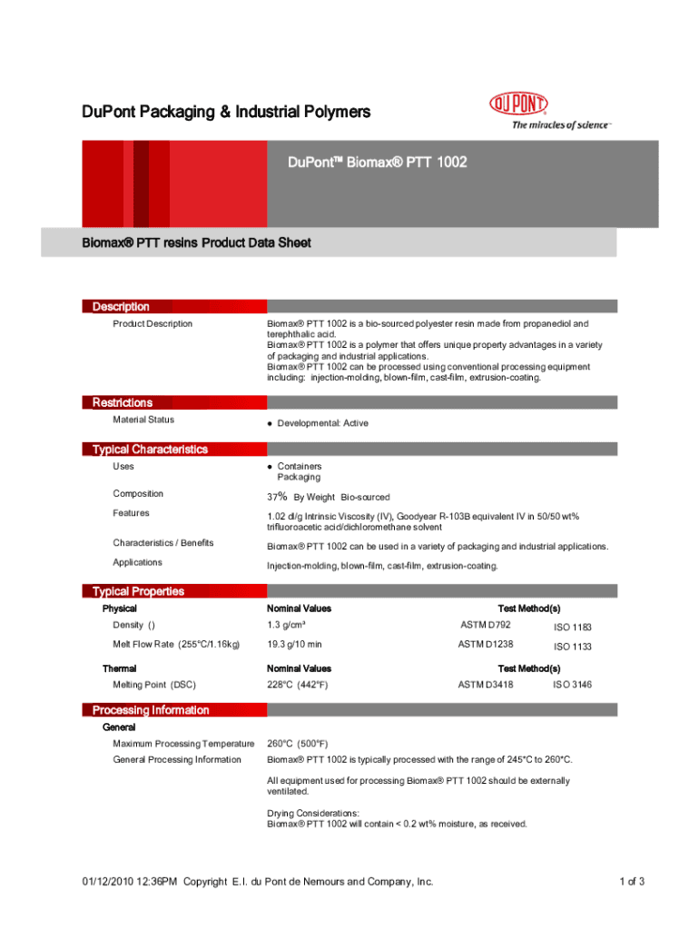 Biomax PTT 1002 Data Sheet DuPont  Form