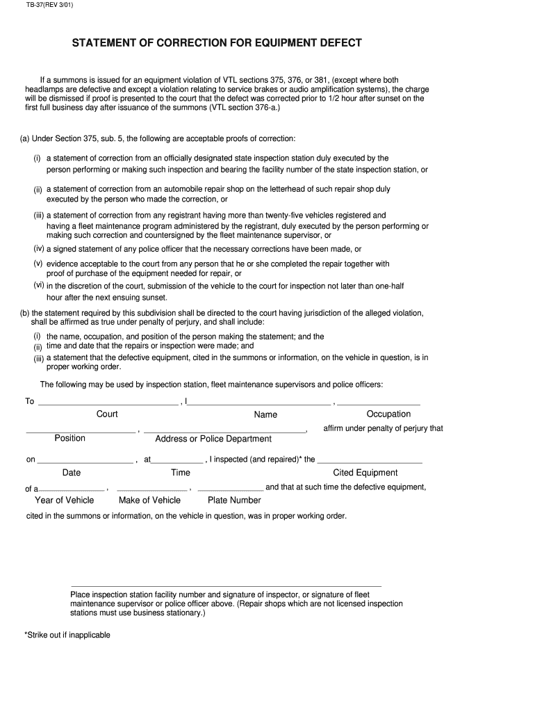  Statement of Correction for Equipment Defect 2001-2024