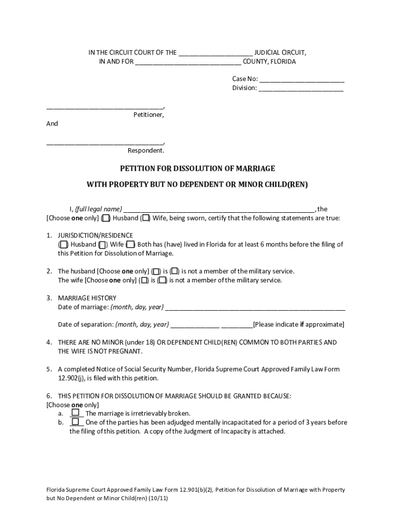 Florida Supreme Court Approved Family Law Form 12 901b2, Petition for Dissolution of Marriage with Property but No Dependent or 