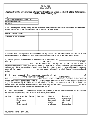 FORM 706 See Rule 74 Applicant for the Enrolment as a Sales Tax