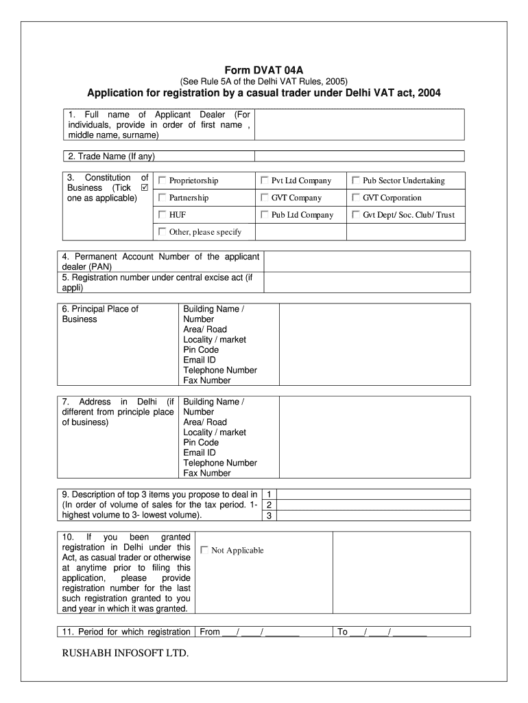 Form DVAT 04A Application for Registration by a Casual Trader under