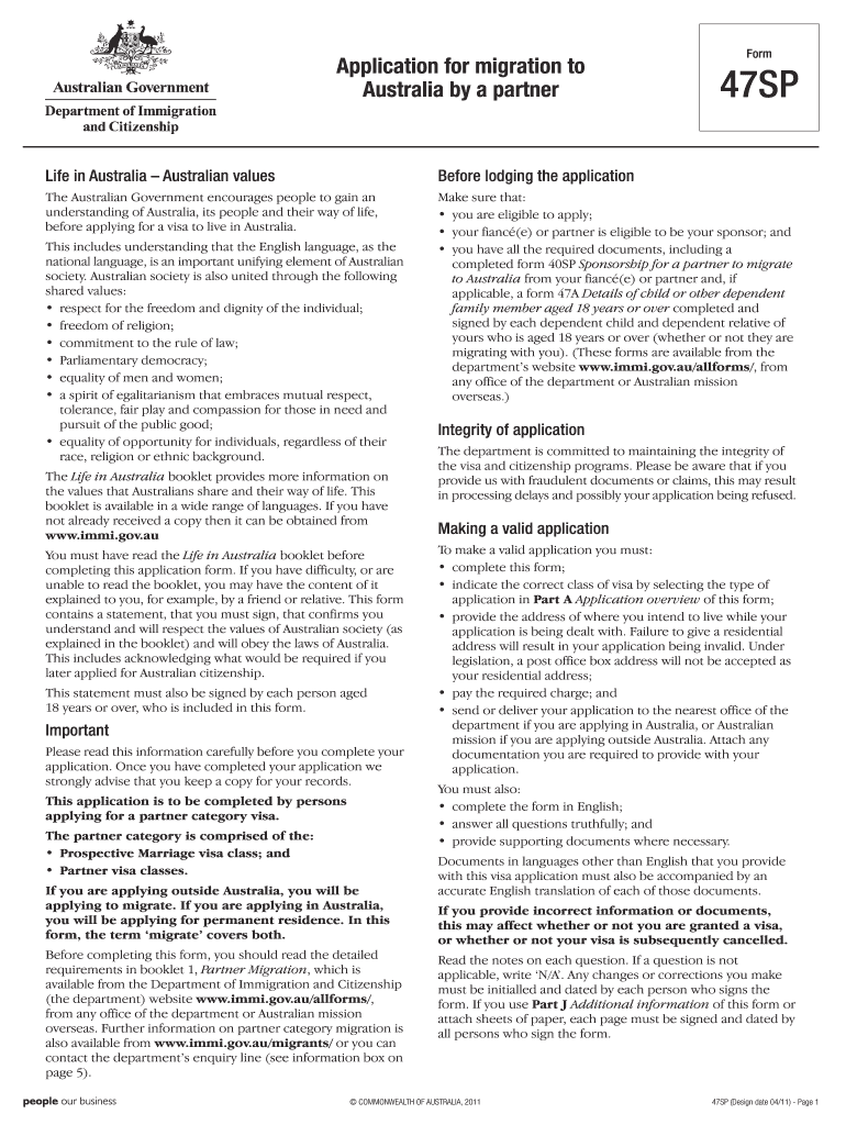 Form 47sp Application for Migration to Australia by a Partner