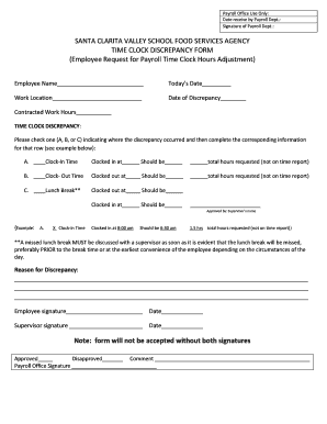 Time Clock Discrepancy SchoolNutritionAndFitnesscom  Form