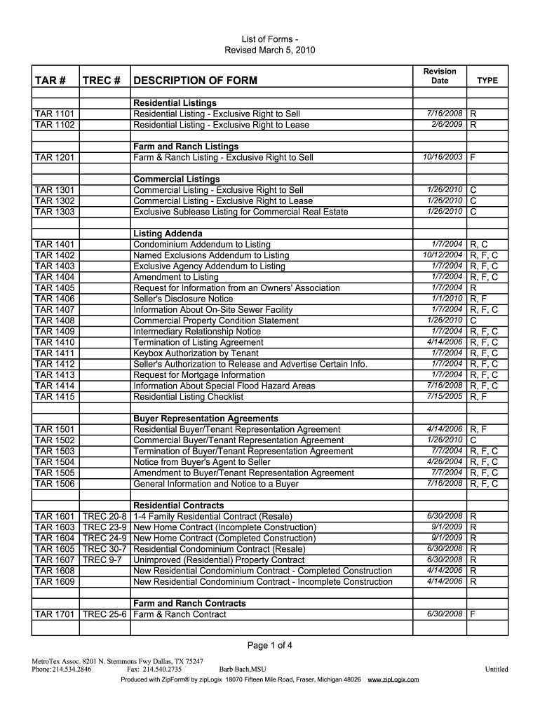  TAR # TREC # DESCRIPTION of FORM  Multiple Listing Technology 2010-2024