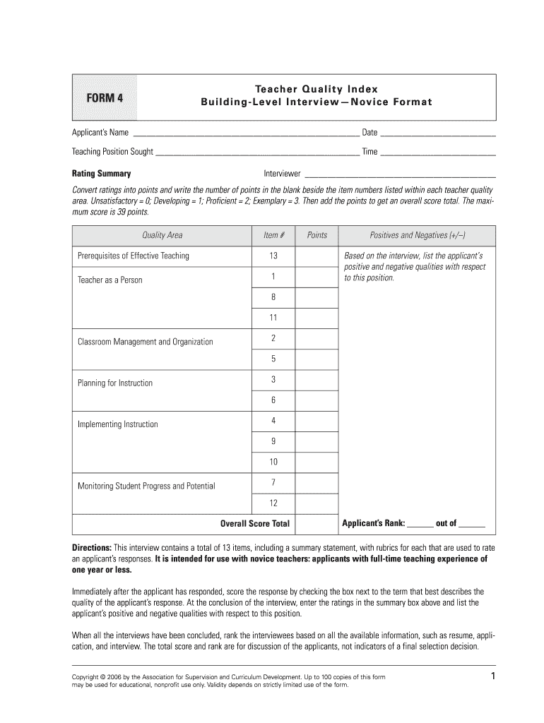 FORM 4 Teacher Quality Index Building Level Interview Novice Format