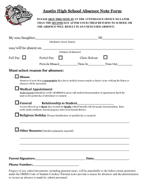 School Absence Note Template  Form