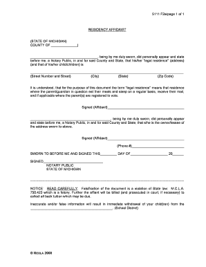 5111 F2apage 1 of 1 RESIDENCY AFFIDAVIT STATE of MICHIGAN COUNTY of , Being by Me Duly Sworn, Did Personally Appear and State Be  Form