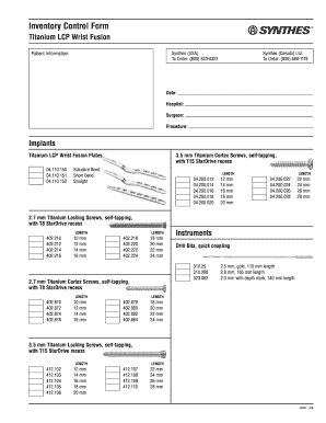 Synthes Wrist Fusion Inventory Control Form