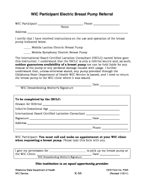 WIC Participant Electric Breast Pump Referral OU Medicine  Form