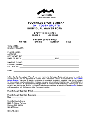 Foothills Sports Arena 20 Youth Sports Individual Waiver Form